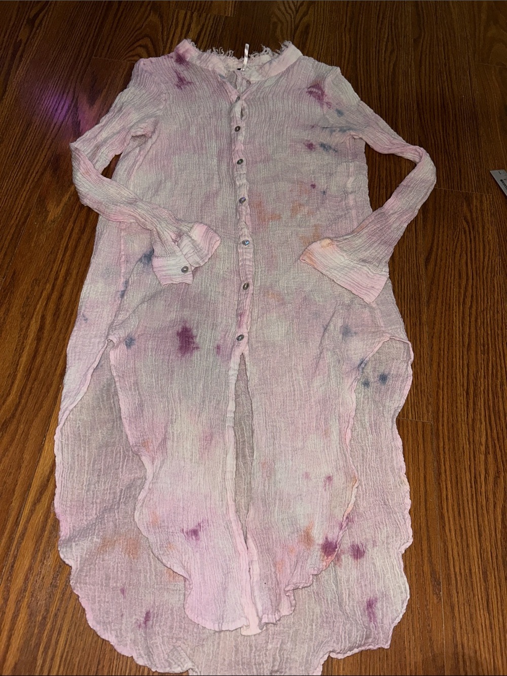 Free People Linen Lightweight Pink Tie-Dye Long Button Front Duster Dress Sz Lg